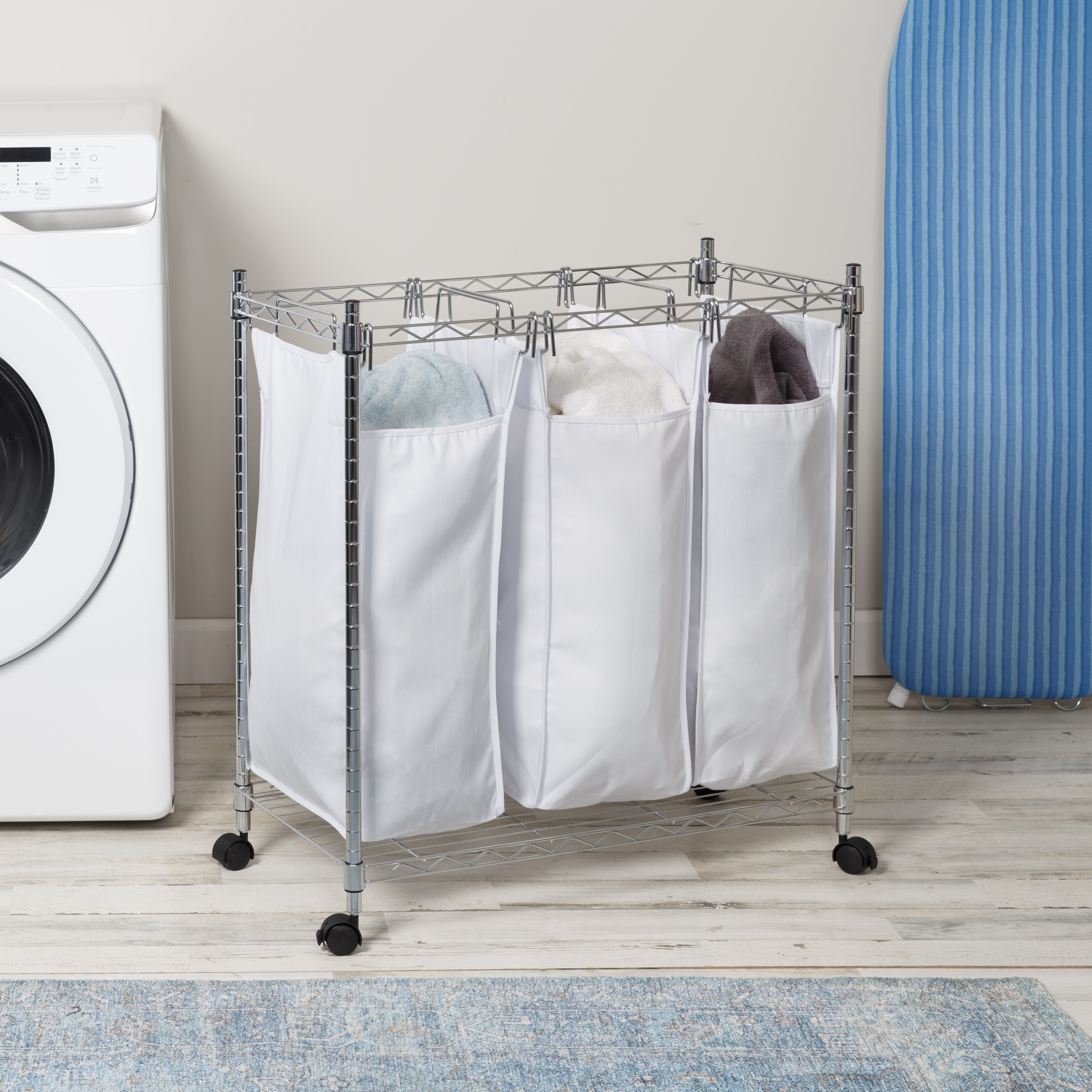 Honey-Can-Do White and Chrome Rolling Triple Laundry Sorter - Bed