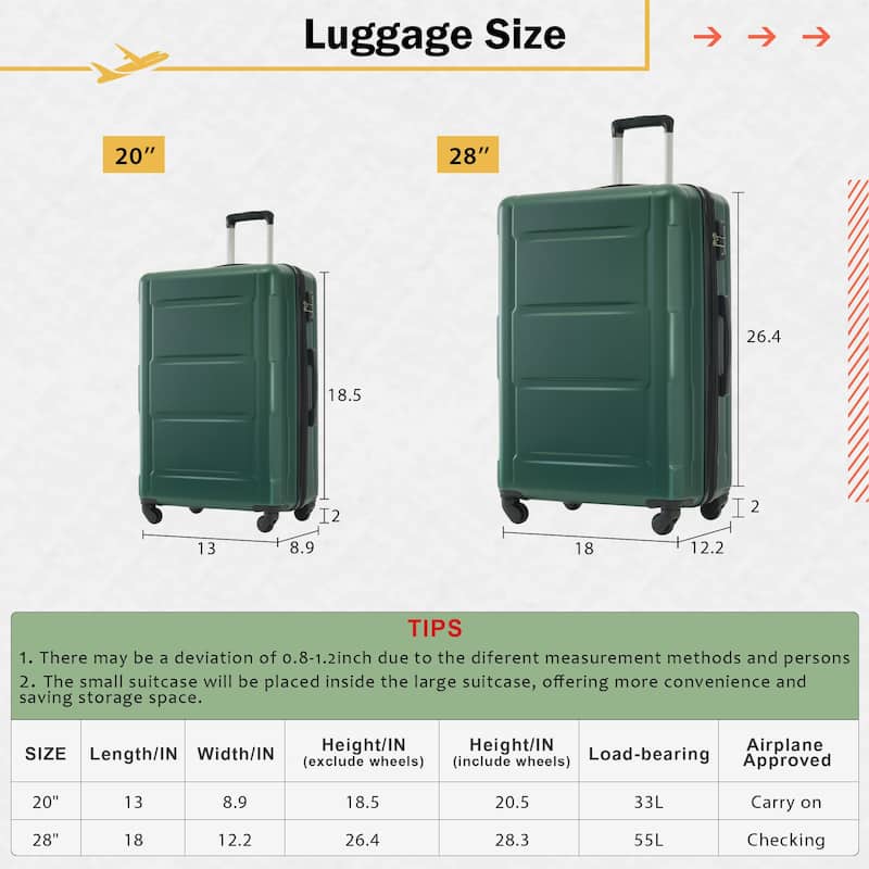 2-Piece, Modern Luggage Sets, Expandable Luggage with 360-Degree Swivel Wheels and TSA lock, for Boarding Travel, Green