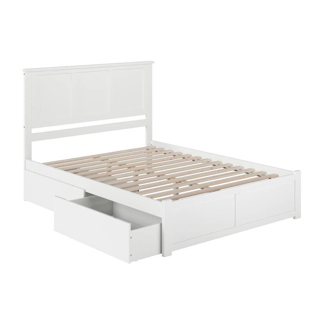 Madison Queen Solid Wood Platform Bed with Footboard & 2 Storage Drawers in White