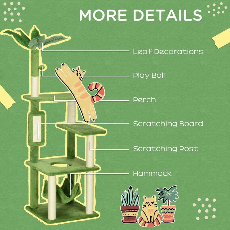 56" Cat Tree for Indoor Cats with Hammock, Cat Tower with Scratching Post, Platforms, Play Ball and Anti-tipping Device - Green