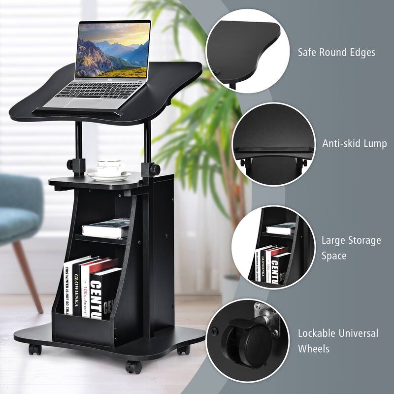 Swivel Mobile Laptop Podium Portable Standing Desk with Storage Space