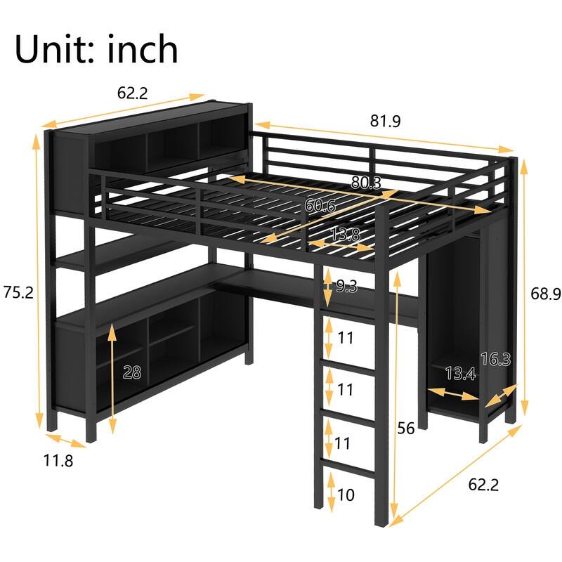 Queen Size Heavy Duty Metal Loft Bed with Wardrobe & L-shaped Desk, Multi-functional Storage Bed Frame with Cubes & Shelves