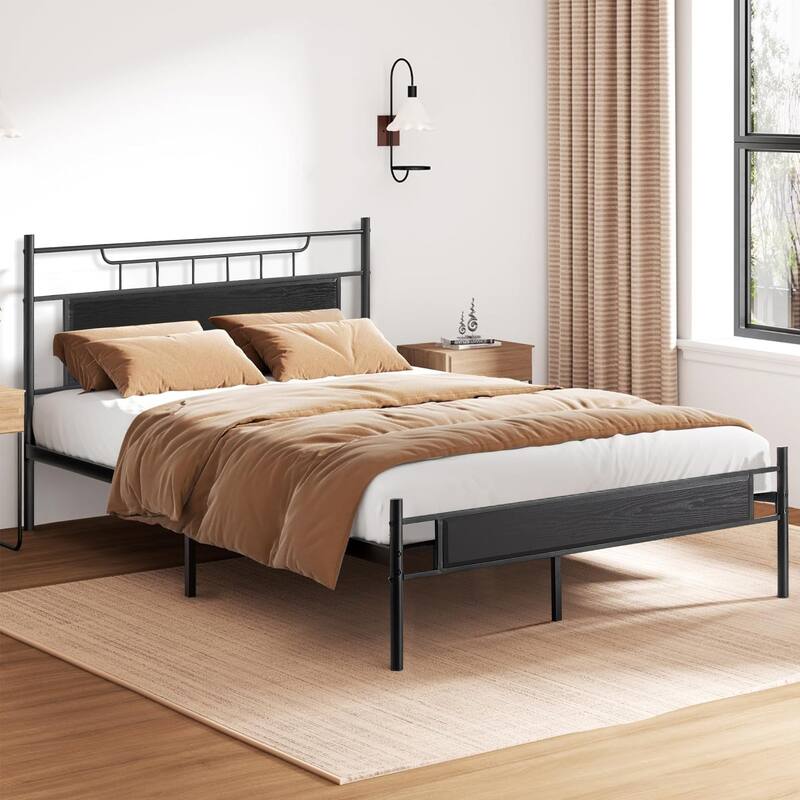 VECELO Industrial Bed Frame with Wood Headboard,Twin/Full/Queen Size Bed, Black/Brown/Slate-3 colors