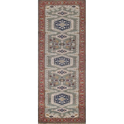 Green Geometric Viss Oriental Runner Rug Handmade Wool Carpet - 2'6"x 8'1"