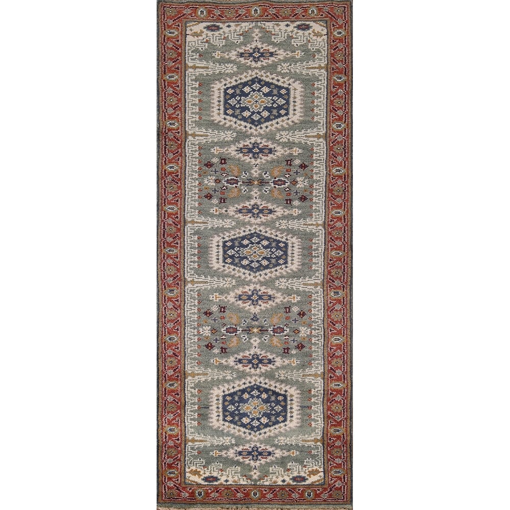Green Geometric Viss Oriental Runner Rug Handmade Wool Carpet - 2'6"x 8'1"