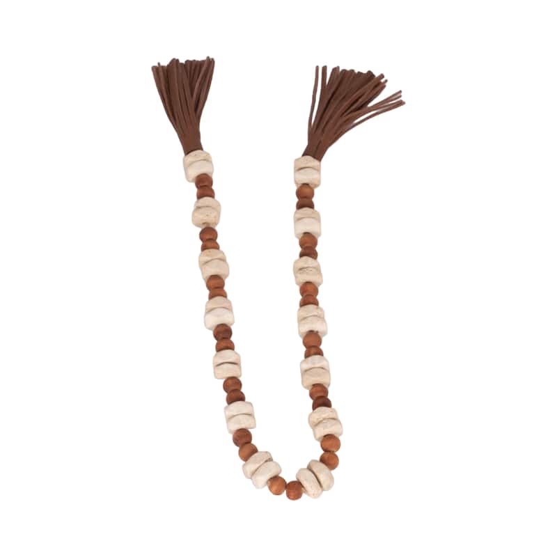 Sagebrook Home 26" Bead Garland with Tassels Contemporary Rustic Mango Wood Travertine Faux Leather Beads - 26" x 1" x 1"