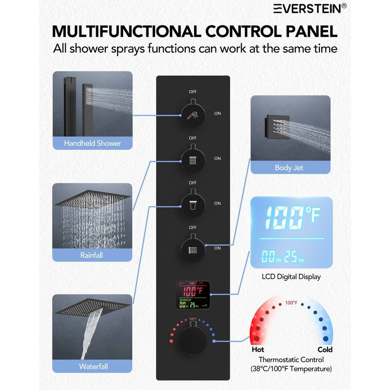 Digital Thermostatic Shower Set with Remote-Control LED Lights, Rainfall/Waterfall Combo and Massaging Jets