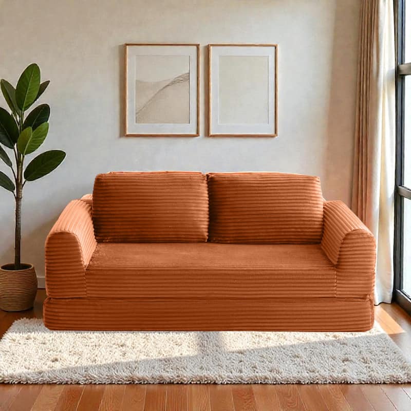 2 in 1 Folding Sofa Bed, Corduroy Convertible Sleeper Couch with Pillows, Boneless Futon Floor Sofa - Orange