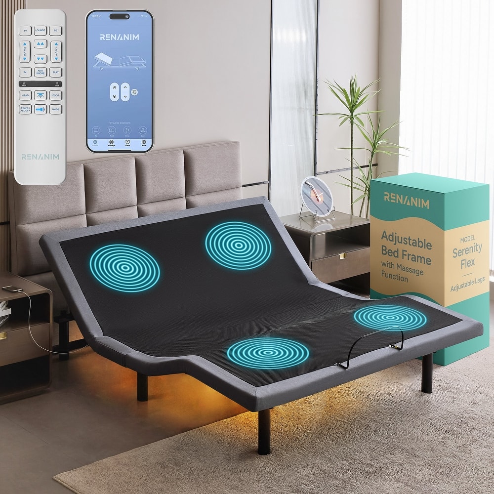 Renanim SF Adjustable Bed Frame, Dual Massage, USB, Underbed Light, App Control, Head and Foot Incline, Reclining Base