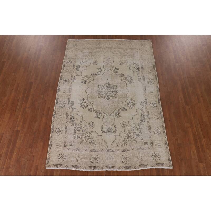 Geometric Distressed Tabriz Persian Vintage Rug Handmade Wool Carpet - 6'4"x 9'2"