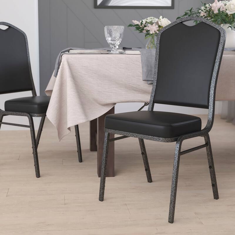 Crown Back Stacking Banquet Chair - Black Vinyl/Silver Vein Frame