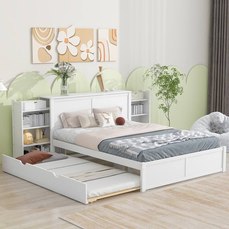 Platform Bed Hidden Storage Bed Frame Bedroom Superior Quality Slats Bed with Pull Out Shelves and Trundle for Kids Teens