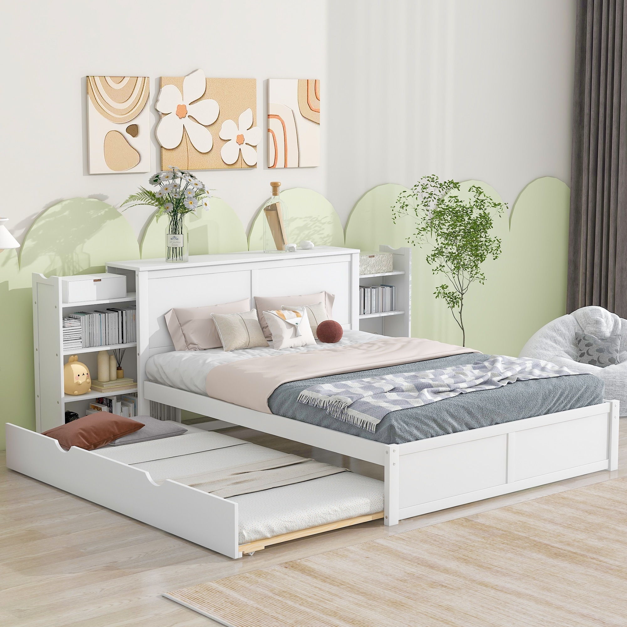 Queen Size Platform Bed with Pull Out Shelves Twin XL Trundle and Headboard Storage White Sturdy Construction