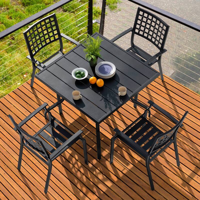 Nuu Garden Outdoor 2-Piece Stackable Dining Chair Set, Powder-coated Iron Frame, Black