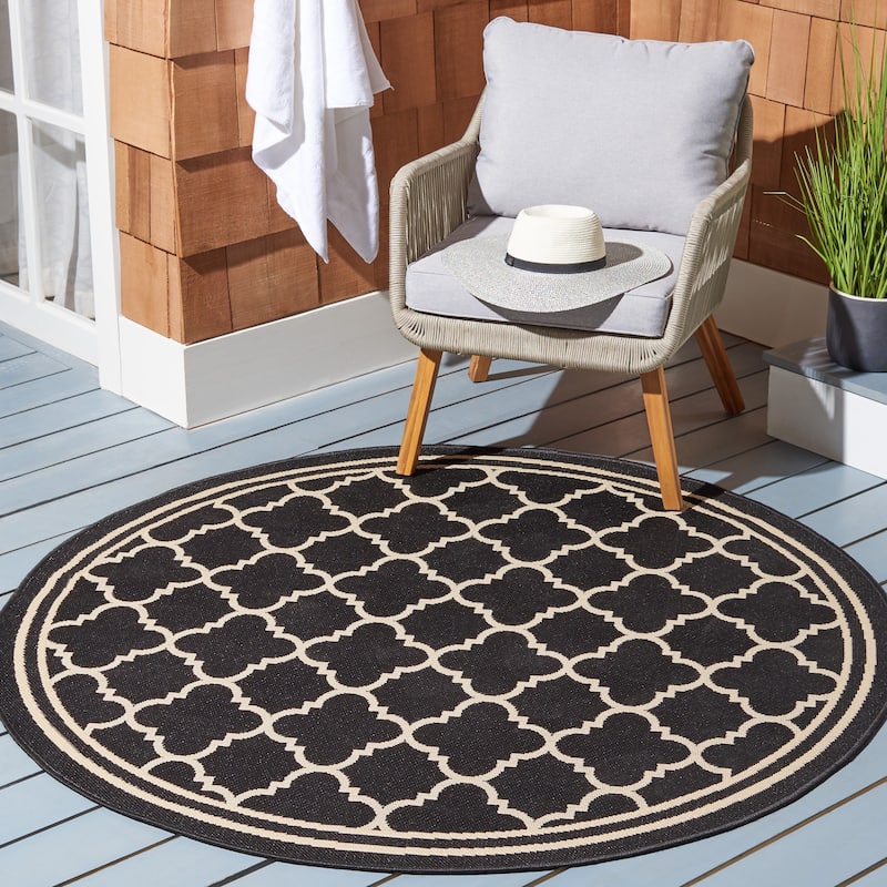 SAFAVIEH Courtyard Kristelle Indoor/ Outdoor Waterproof Patio Backyard Rug - 5'3" Round - Black/Beige
