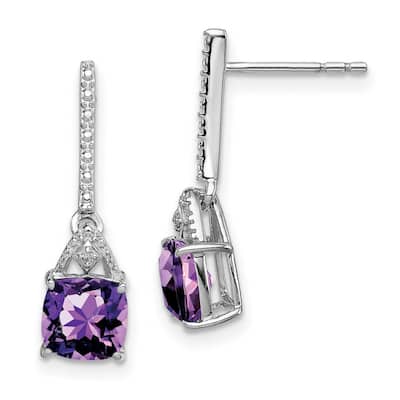 Curata 925 Sterling Silver Dangle Polished Open back Rhodium Plated Diamond and Amethyst Post Earrings - 20x6mm Wide