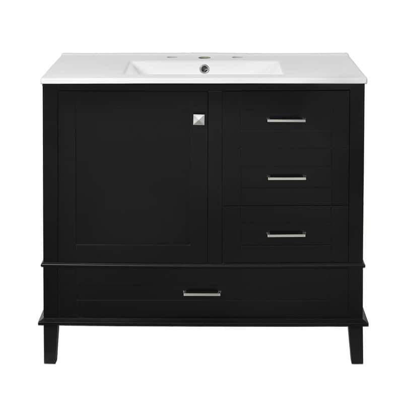 Contemporary 36-inch White Bathroom Vanity Cabinet with a Sturdy Pine Frame, 1 Soft Close Door and 3 Drawers. - Black