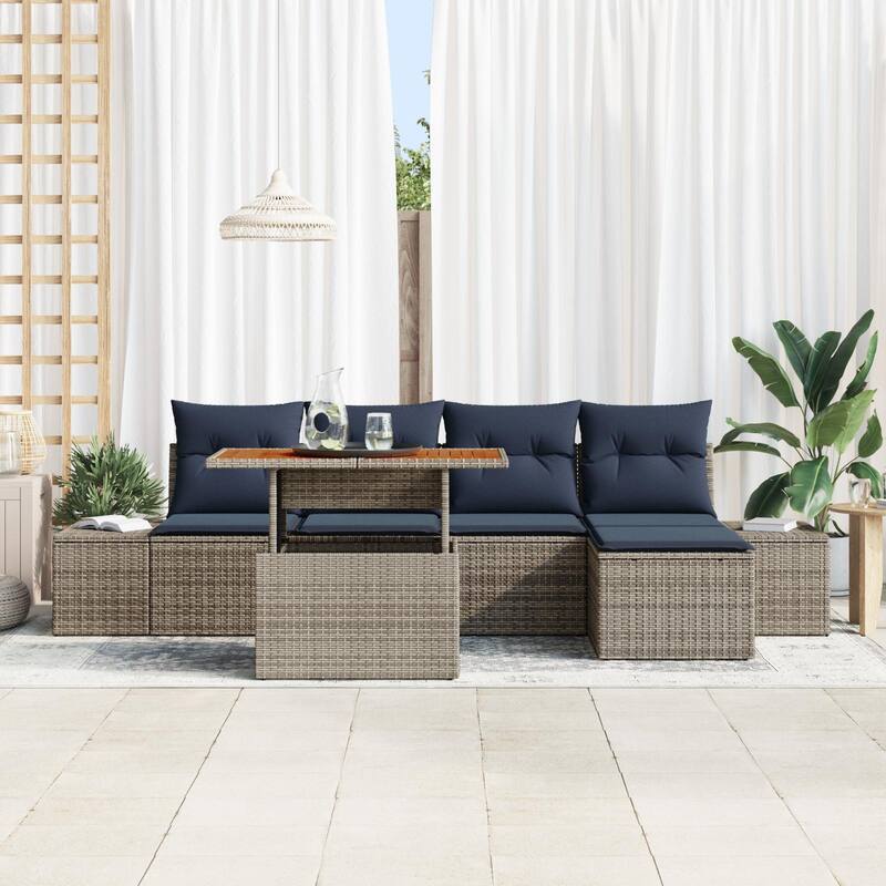 vidaXL 6 Garden Sofa Set with Cushions Black/Grey Poly Rattan - 115.8 x 46.1 x 27.2