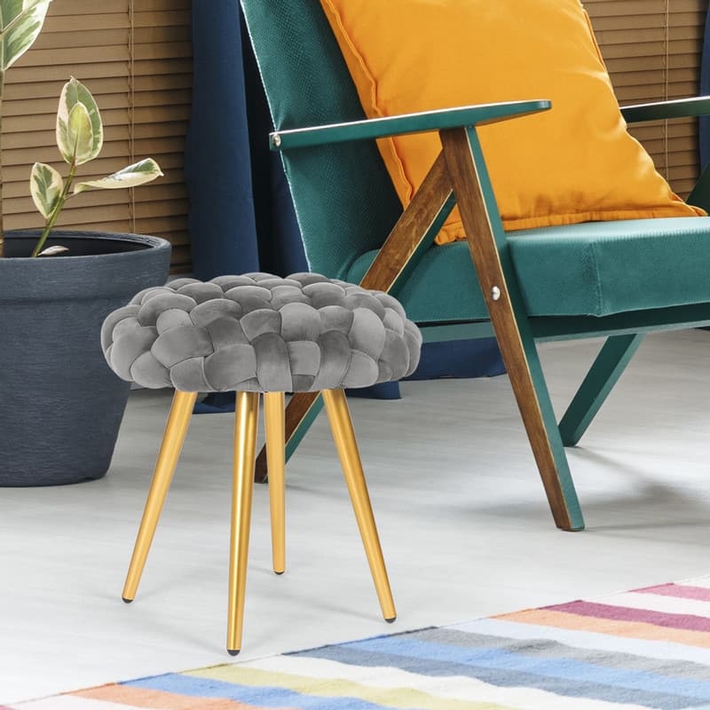 Adeco Round Velvet Ottoman Foot Rest Stool - Grey