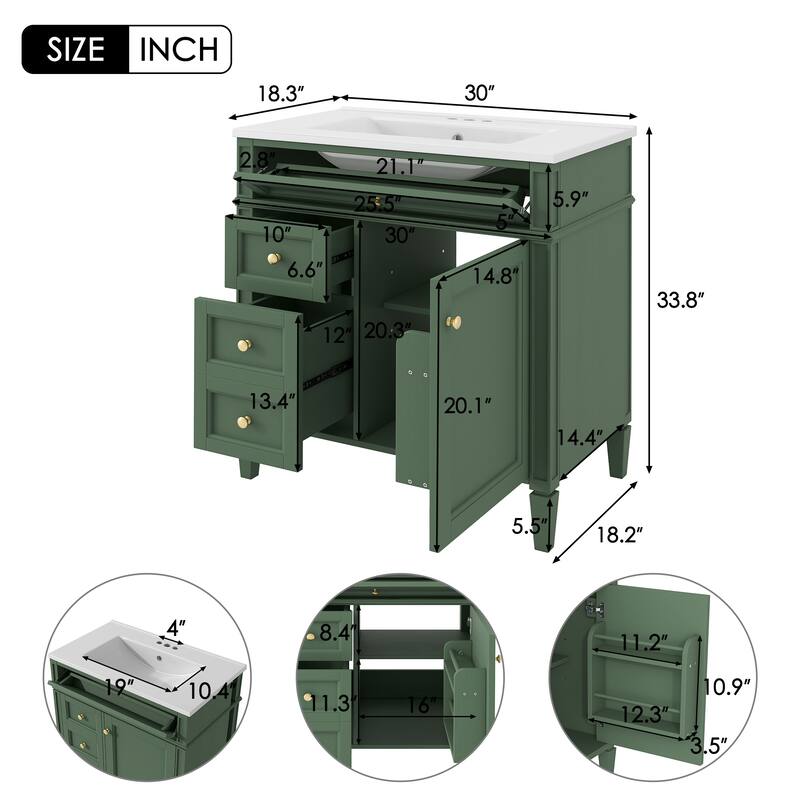 30'' Freestanding Bathroom Vanity with White Integrated Ceramic Sink - 30'' x 18.3'' x 33.8''