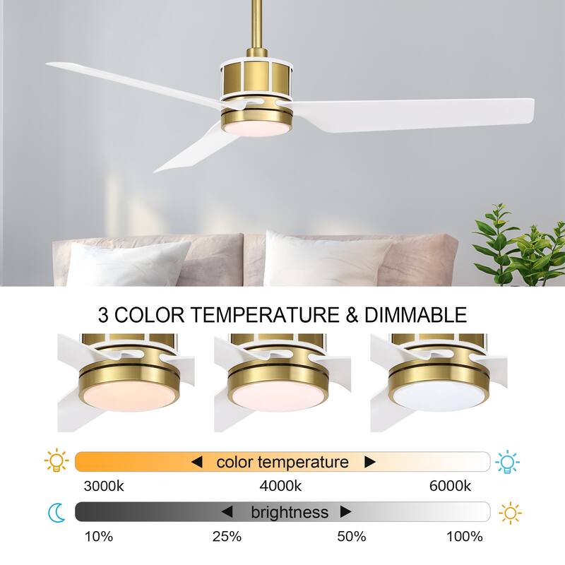 52" Reversible 3-Blade Smart LED Ceiling Fan with Remote Control and Light Kit