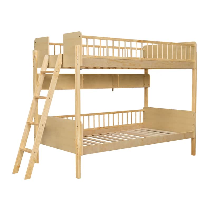 Twin Over Twin Wood Bunk Bed with 3 Storage Shelves, Reversible Ladder