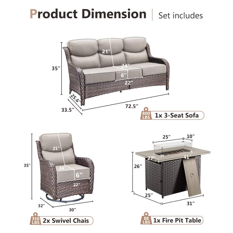 Pocassy Outdoor 6 Inch Sofa Chair Ottoman with Fire Pit Table Set
