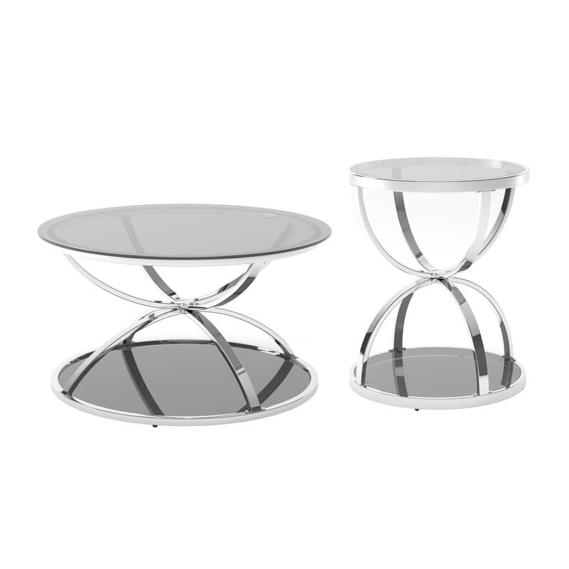 Modern 2 Tiers Glass Coffee Table with Ring-Shaped Metal Frames