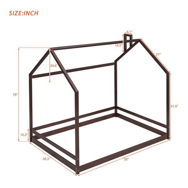 dimension image slide 2 of 4, Semi-Enclosed House Bed for Kids, Full Size Floor Bed with Roof, Playhouse Design, Solid Pine Wood Frame, No Slats