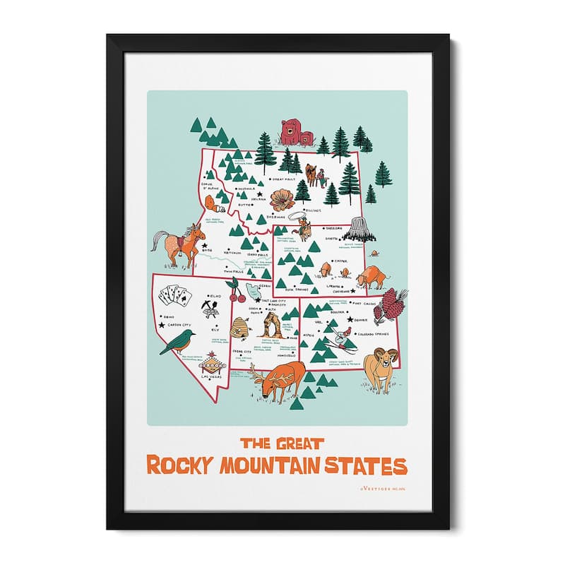 The Great Rocky Mountain States Premium Framed Poster by Vestiges - Black - 32x24x1