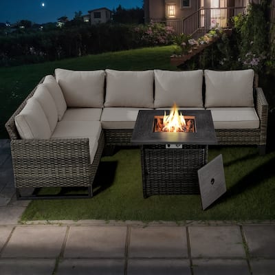 Outdoor Sectional Wicker Sofa with Fire Pit Table