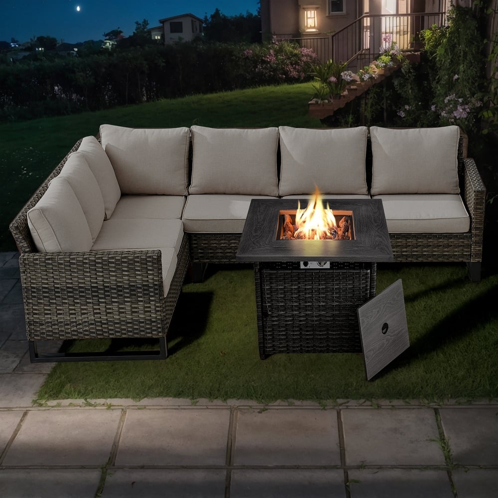 Outdoor Sectional Wicker Sofa with Fire Pit Table