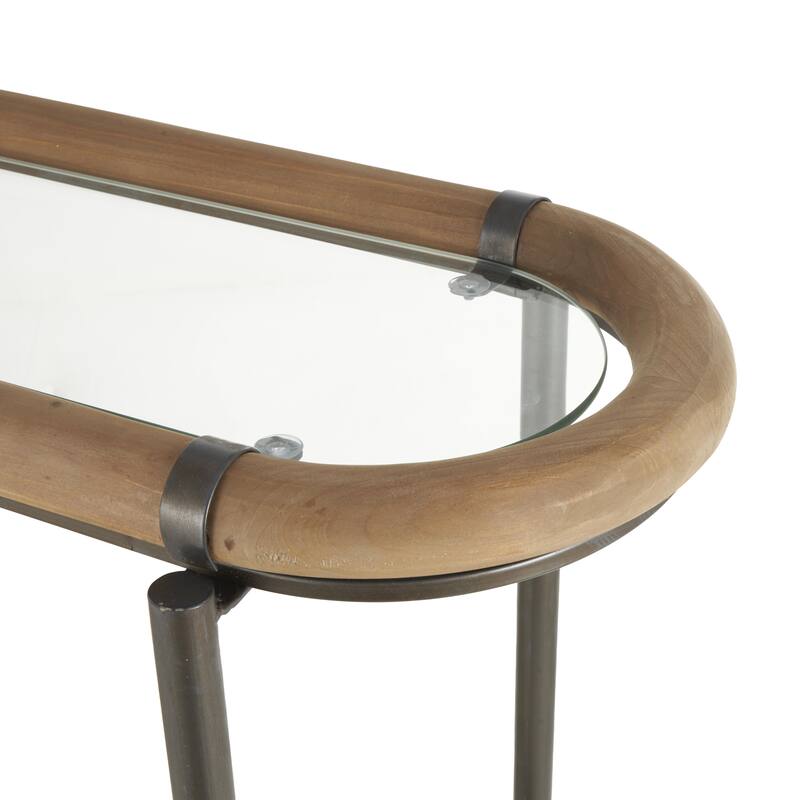 Metal Oval 1 Shelf Console Table with Brown Wooden Framed Glass Tabletop - Brass - Roche River Decor