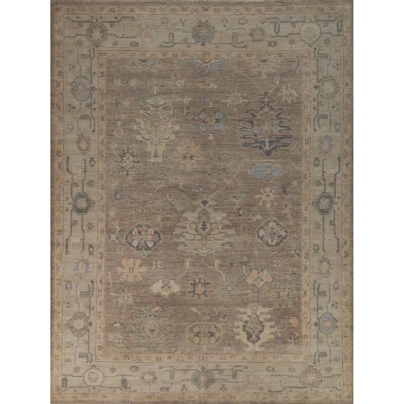 Brown Floral Oushak Turkish Area Rug Hand-Knotted Wool Carpet - 8'1"x 9'10"
