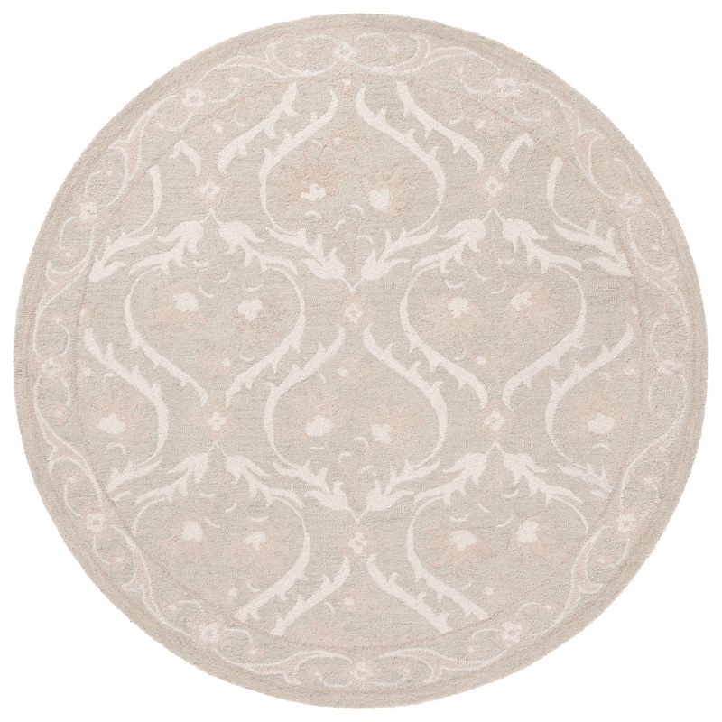 SAFAVIEH Handmade Blossom Luisete Ogee Wool Rug - 6' Round - Light Grey/Ivory