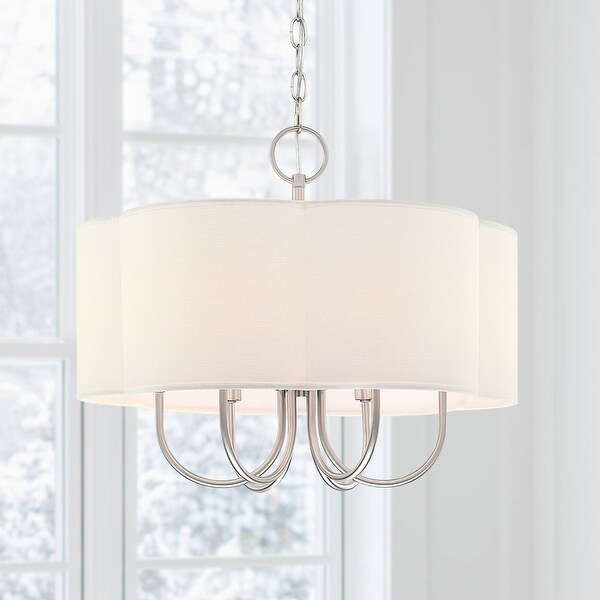 Selma 20 in. 6 Light Brushed Nickel Drum Chandelier with White Linen Scalloped Shade 20 in. W Bed Bath Beyond 37062561