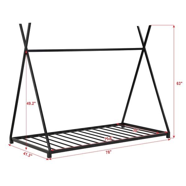 dimension image slide 0 of 3, Metal Twin Size Simple House Platform Kids Bed Frame with Triangle Structure and X-Shaped Safety Railings for Bedroom, Pink