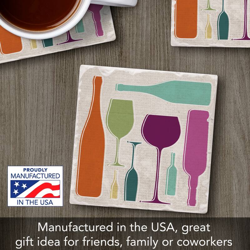 Retro Wine 4 Pack Absorbent Stone Coasters with Cork Backing 4" Square Made in The USA Absorbent Wipes Clean