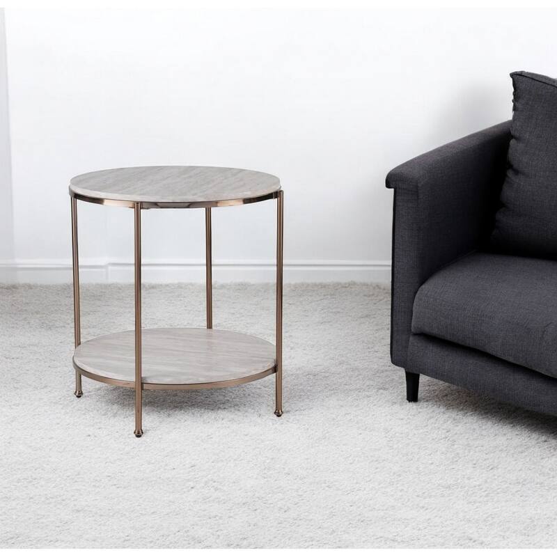 HomeRoots 24" Champagne Faux Marble And Iron Round End Table With Shelf - 22x22x24.25 - 22x22x24.25 - Marble