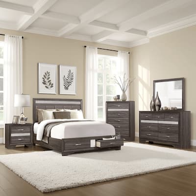 Lucy 4 Pc Queen Bedroom Set, Faux Leather Channel Tufted, Silver Accents, Gray