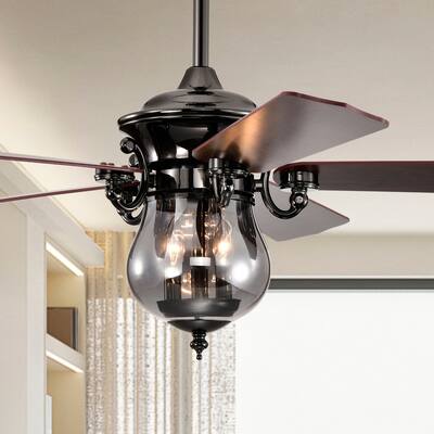 Anja Dark Pear Black Satin Gray 5-Blade 3-Light Lighted Ceilng Fan Smoked Glass Lamp Chandelier Includes Remote Control