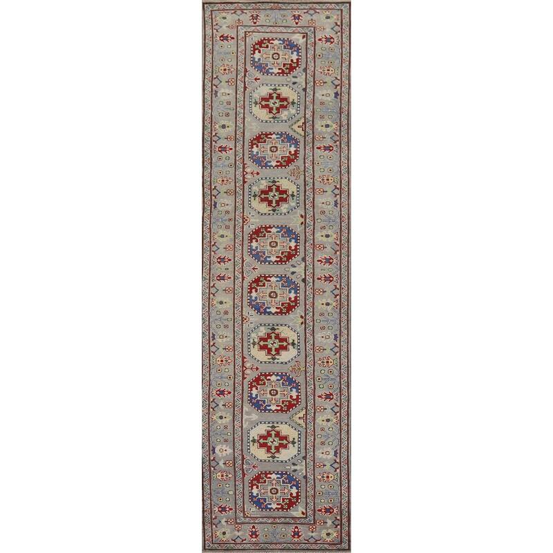Hand Knotted Oriental 100% Wool Carpet Traditional Geometric Greys & Charcoal Kazak Runner Rug - 13' 3'' X 2' 8''