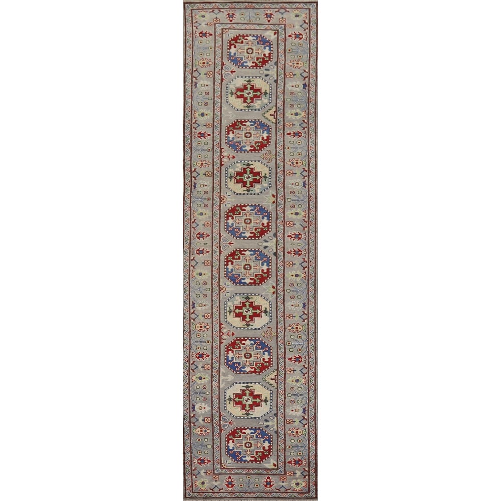 Hand Knotted Oriental 100% Wool Carpet Traditional Geometric Greys & Charcoal Kazak Runner Rug - 13' 3'' X 2' 8''