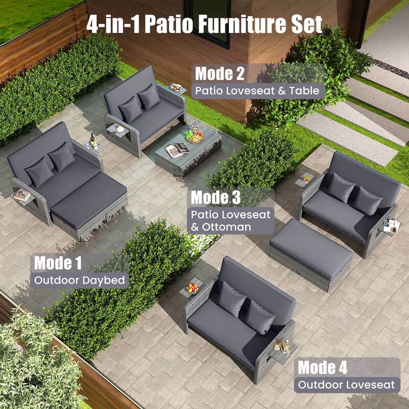 Costway Wicker Loveseat Sofa Set Patio Rattan Daybed with Ottoman & - See Details