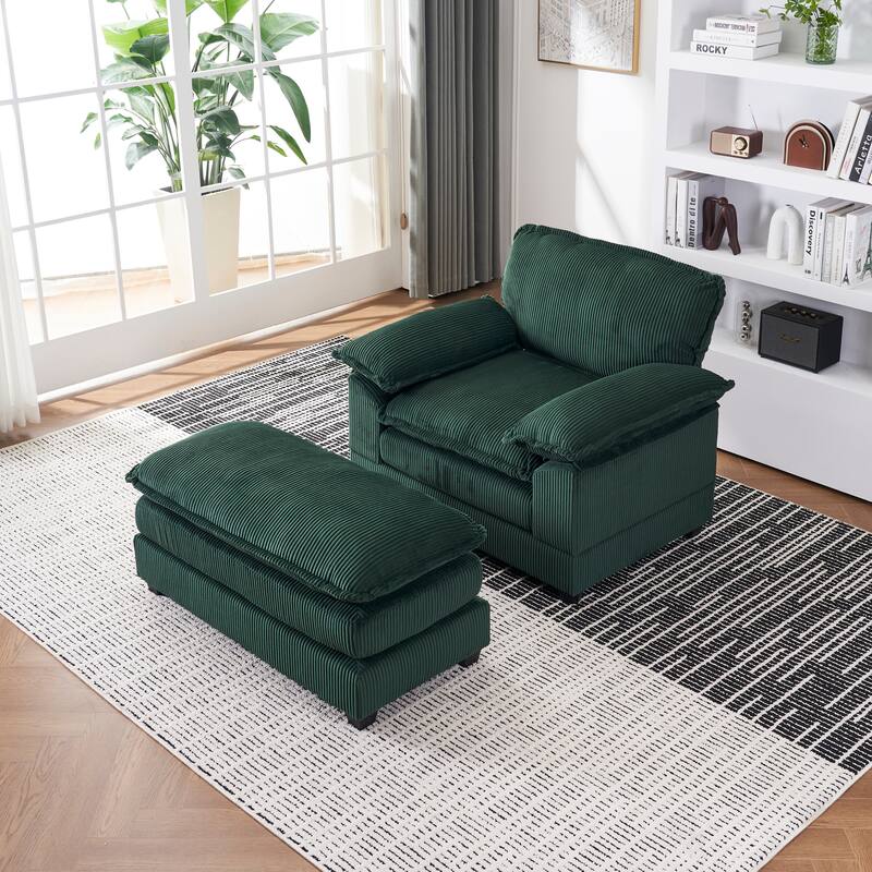 Green Corduroy Single Deep Seat Sofa with Ottoman