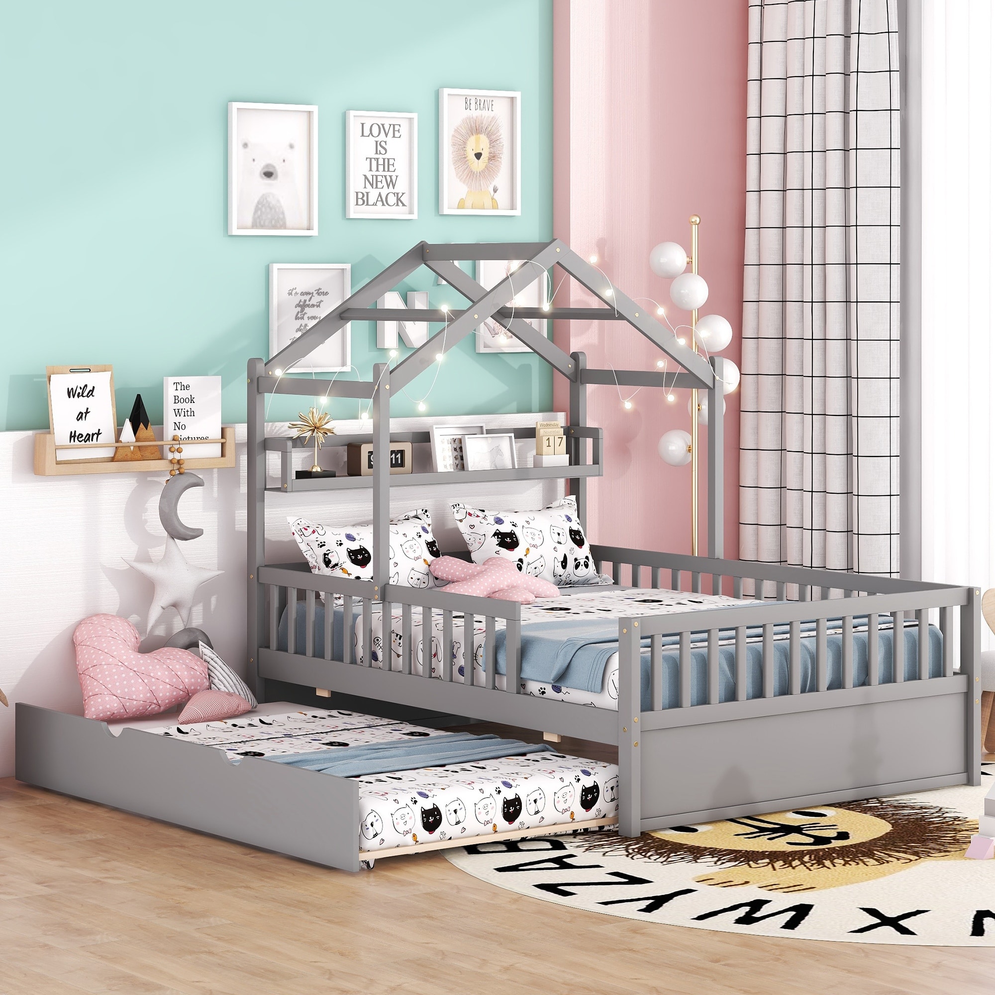 Full Size Wooden Kids House Bed Frames with Trundle and Shelf