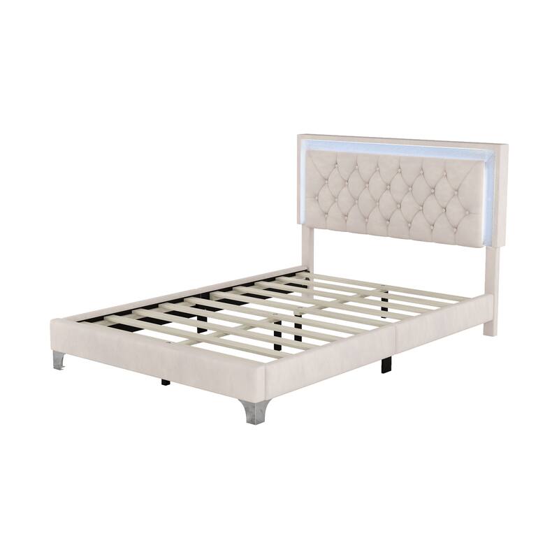 Velvet Platform Bed with Tufted Headboard and LED Lights