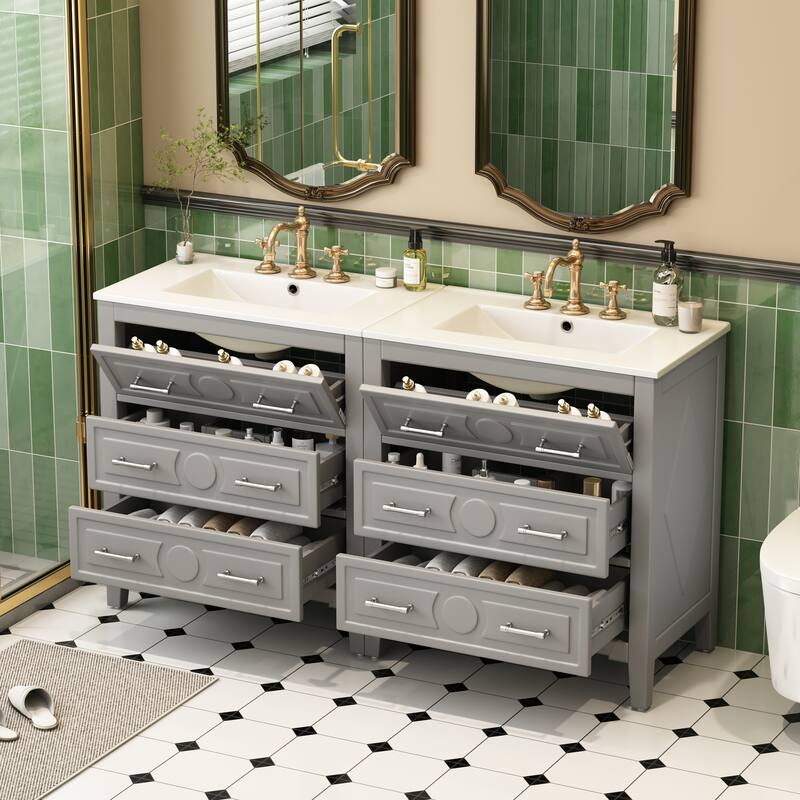 60" Bathroom Vanity with Ceramic Sink - Free Standing Solid Wood Storage Cabinet, 3 Drawers, Single Sink Vanity Set