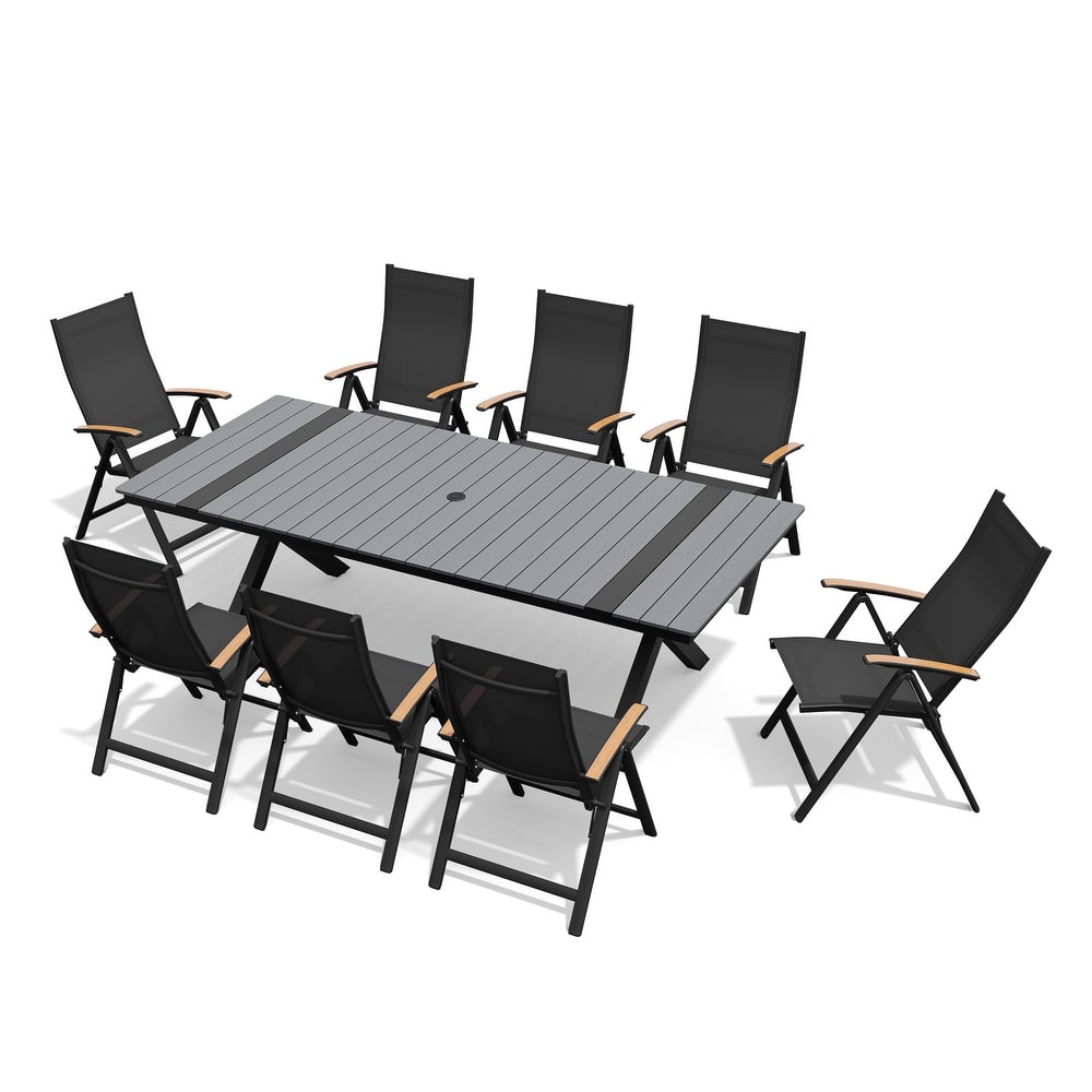 9-Piece Set Outdoor Aluminum Dining Table with Umbrella Hole and Foldable Dining Chairs