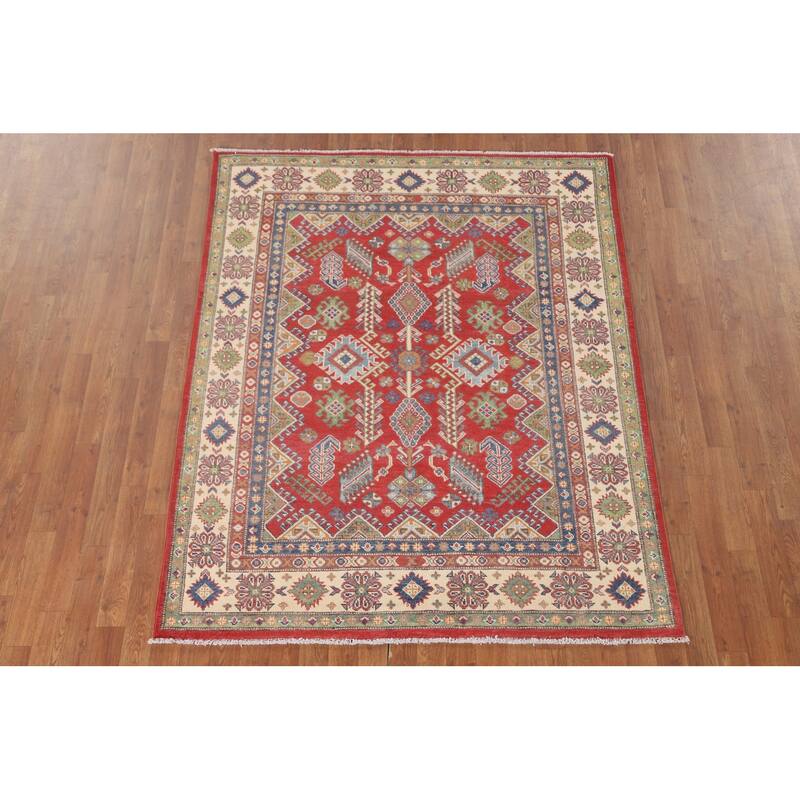 Geometric Kazak Area Rug Hand-Knotted Oriental Wool Carpet - 4'11" x 6'3"